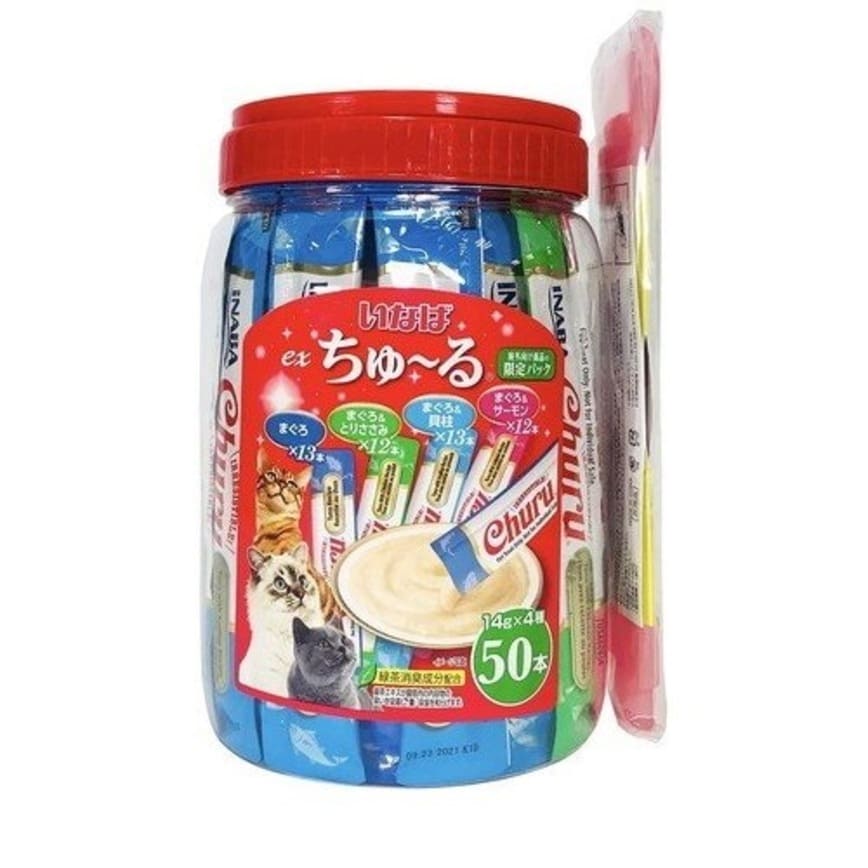 CIAO CIAO 貓零食 日本綜合三文魚貝柱金槍魚肉醬 14g 50本罐裝 (藍) - 限定品