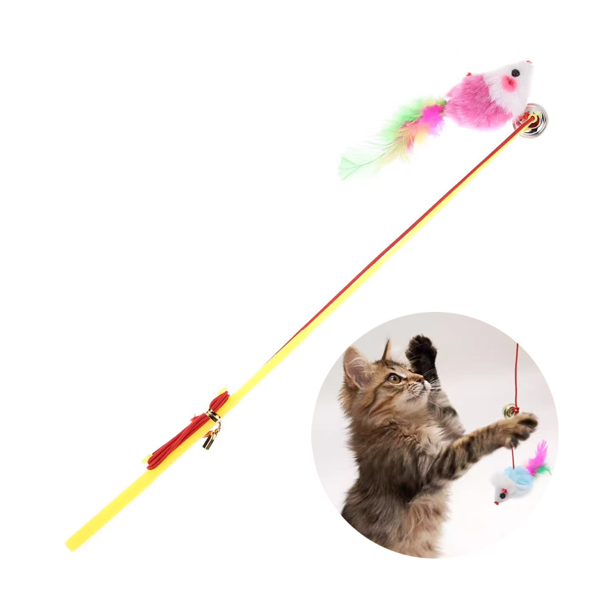 【富貴貓砂 水晶貓砂 換購品】HelloDOG 玩具嚴選 吊吊小老鼠羽毛逗貓棒 1支 (顏色隨機)