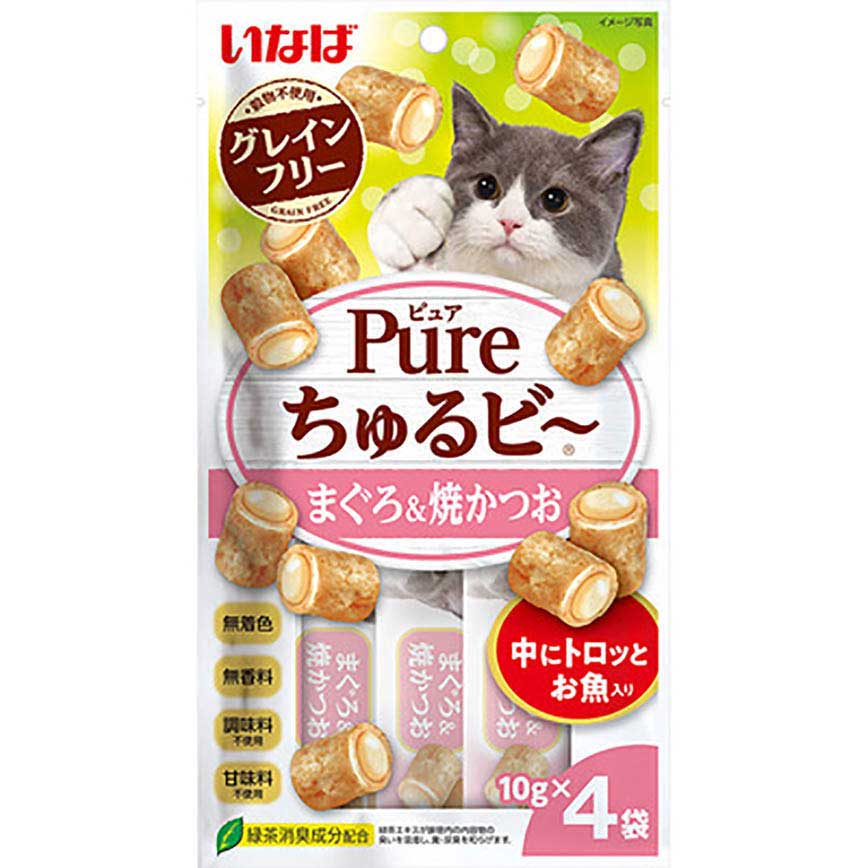 CIAO CIAO 貓零食 日本 Pure Chiu 天然軟心零食粒 金槍魚+燒鰹魚味 10g 4袋入(粉紅) (QSC-311)