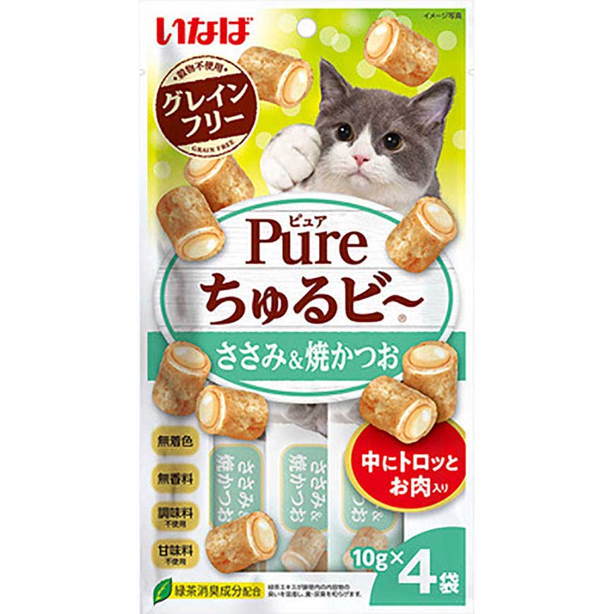 CIAO CIAO 貓零食 日本 Pure Chiu 天然軟心零食粒 雞肉+燒鰹魚味 10g 4袋入(淺綠) (QSC-313)