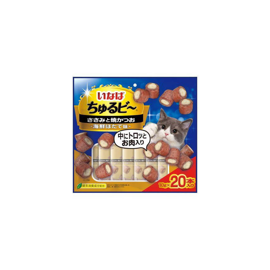 CIAO 日本INABA 貓零食 軟心零食粒 雞肉和烤魚海鮮扇貝風味 10g 20袋入 (QSC-282) (黃)