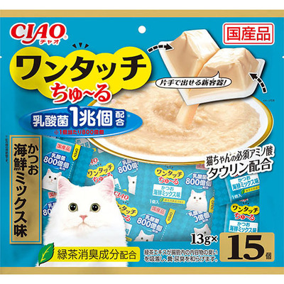 CIAO CIAO 貓零食 日本 One Touch 1兆個乳酸菌肉泥杯 鰹魚海鮮味 13g 15個入 (SC-316)