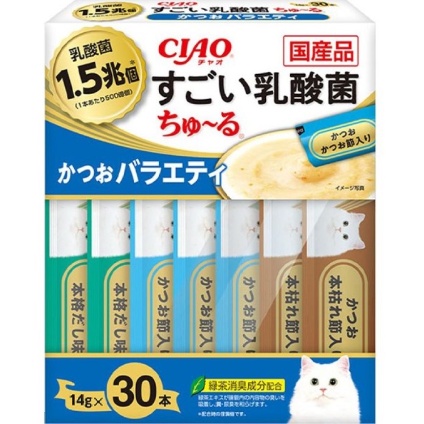 CIAO CIAO 肉泥 貓零食 1.5萬億乳酸菌 鰹魚+鰹魚乾肉醬 14g 30本入 (SC-384)