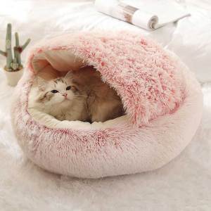 貓犬用日常用品-寵物床-圓形絨毛-加厚自帶小被被-保暖睡窩-粉紅-床類用品-寵物用品速遞