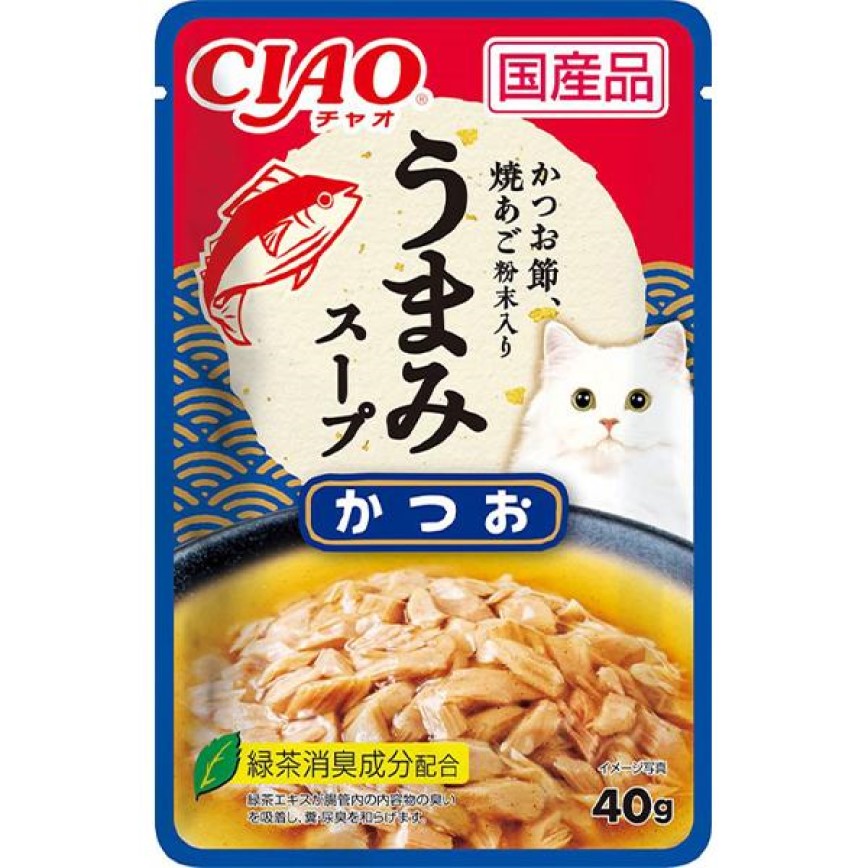 CIAO CIAO 貓濕糧 日本滋味湯軟包系列 鰹魚+飛魚乾粉 40g (藍) (IC-352)