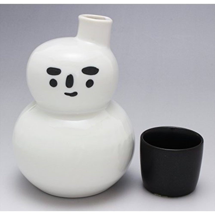 日本清酒壺 美濃燒 雪人清酒壺+杯套裝 (黑) (圖片3)