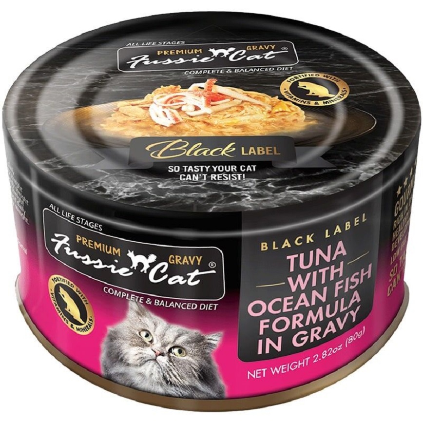 Fussie Cat Fussie Cat 貓罐頭 肉汁主食罐(湯) 極品吞拿魚 + 海魚 Tuna with Ocean Fish Formula in Gravy 80g (FUG-BLC) (新舊包裝隨機發貨)