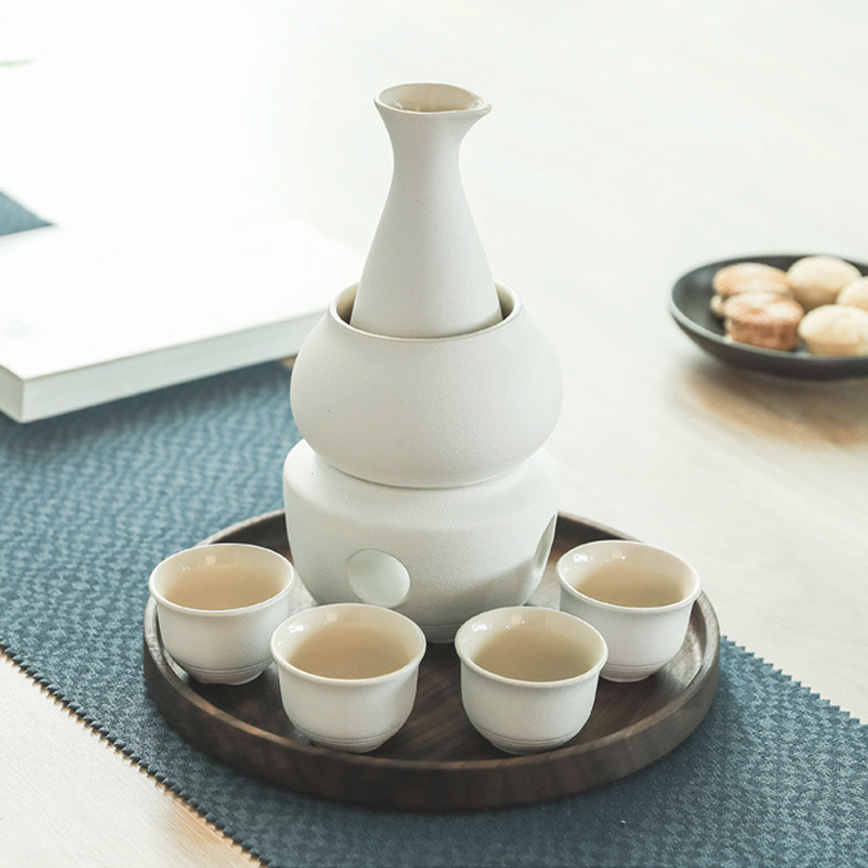 日式清酒杯 酒杯酒瓶套裝 燭台陶瓷溫酒套裝 (粗陶白) (圖片3)