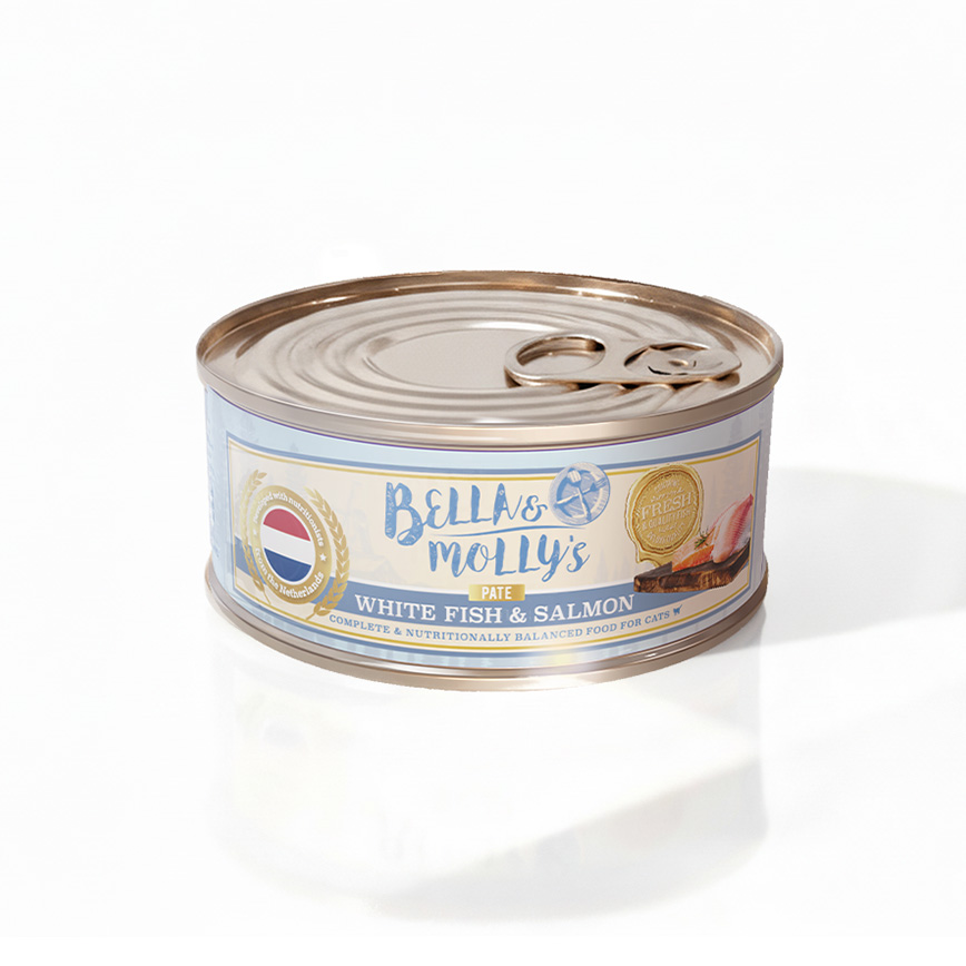 Bella & Molly's Bella & Molly's 荷蘭罐 貓罐頭 AAFCO 主食罐 美毛配方 白魚及三文魚肉醬 80g