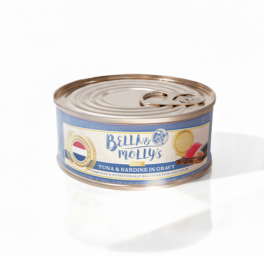 Bella & Molly's Bella & Molly's 荷蘭罐 貓罐頭 AAFCO 主食罐 去毛球 沙甸魚及吞拿魚肉塊 80g - 限時試食價