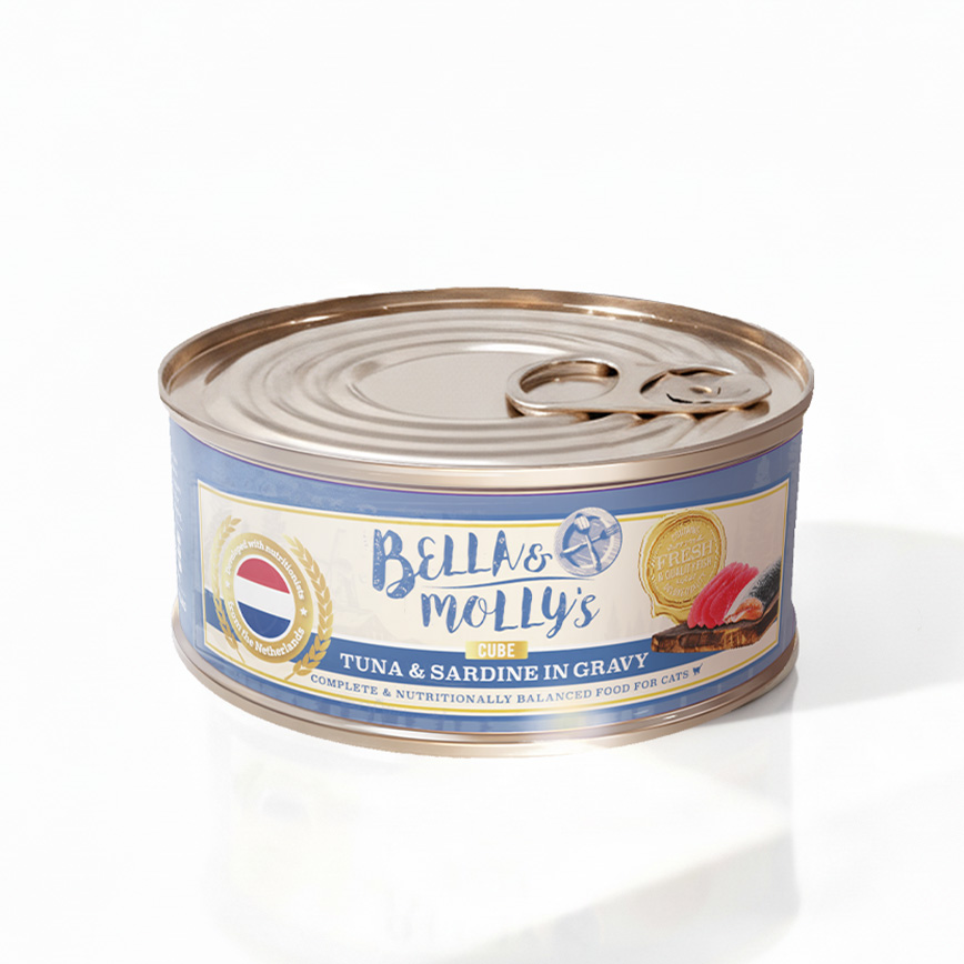 Bella Mollys Bella & Molly's 荷蘭罐 貓罐頭 AAFCO 主食罐 去毛球 沙甸魚及吞拿魚肉塊 156g