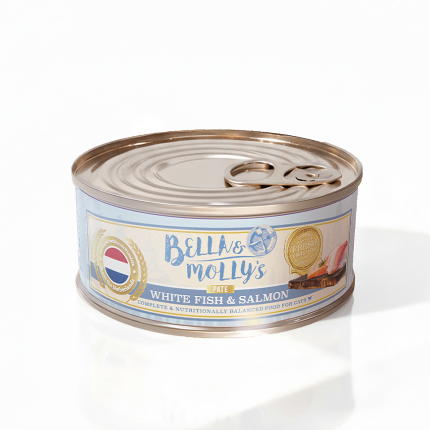 Bella Mollys Bella & Molly's 荷蘭罐 貓罐頭 AAFCO 主食罐 美毛配方 白魚及三文魚肉醬 156g