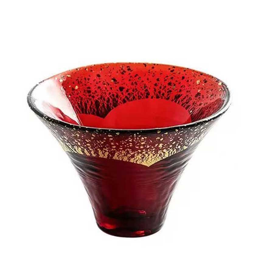 清酒杯 日式清酒杯 富士山杯金箔水晶玻璃 淡金紅 1個