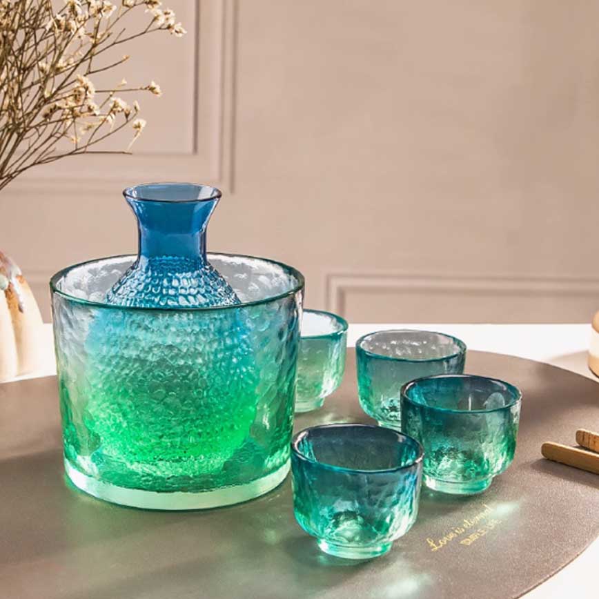 酒杯套裝 日式清酒杯 玻璃酒杯酒瓶套裝 孔雀藍 一缸一瓶四杯