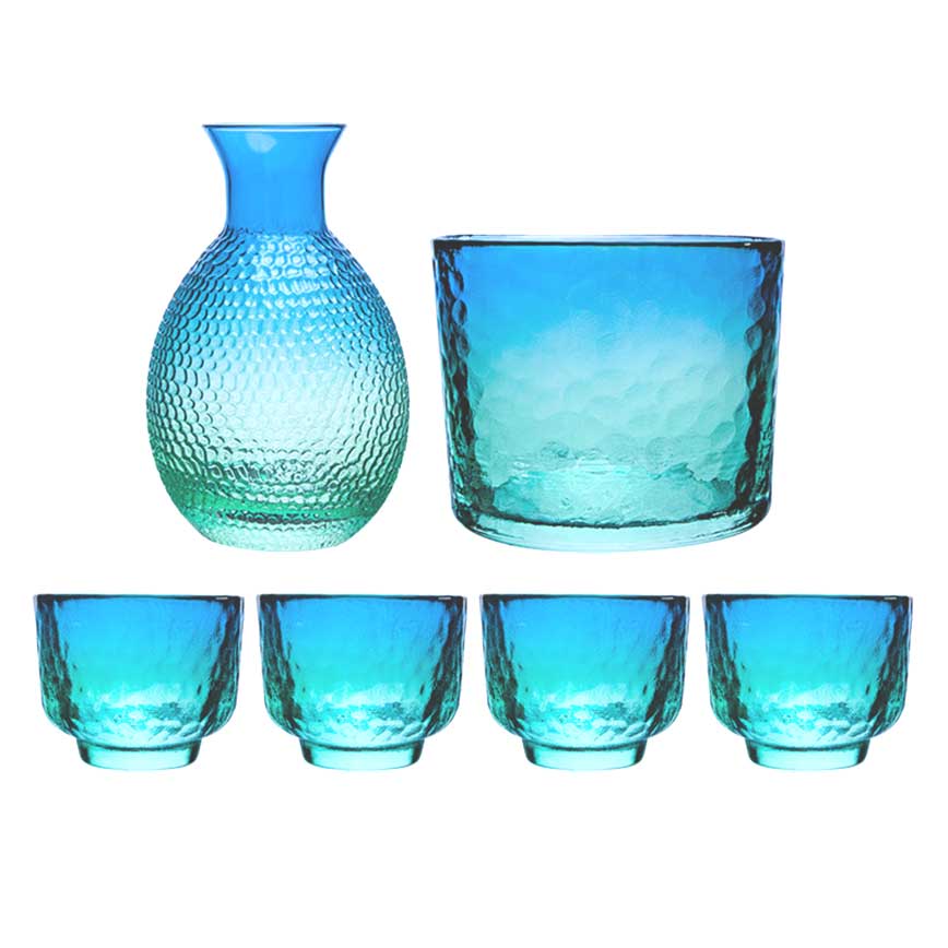 日式清酒杯 玻璃酒杯酒瓶套裝 孔雀藍 一缸一瓶四杯 (圖片3)