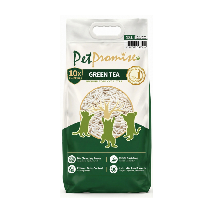 豆腐貓砂 Pet Promise毛孩承諾 3.0+2.0mm粗幼混合 豆腐貓砂 綠茶味 國際版 18L - 原裝行貨