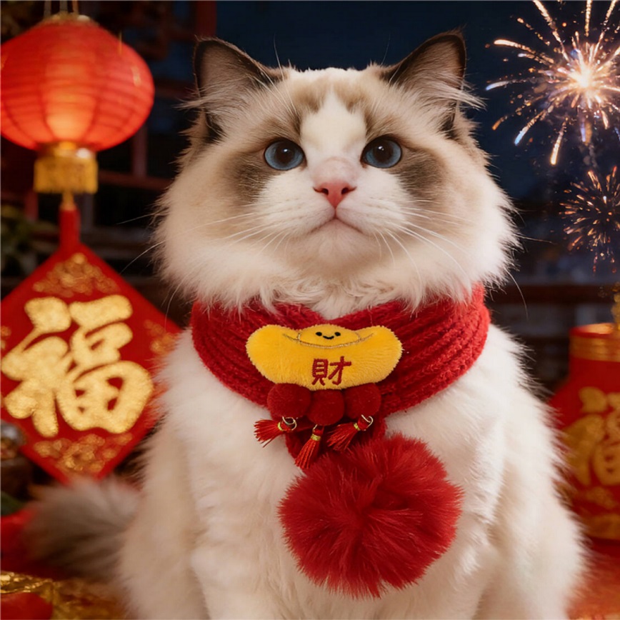 其他 寵物圍巾 新年毛線醒獅發財配飾貓咪圍巾 款式隨機 1套