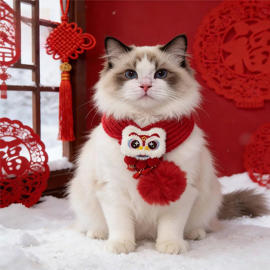 寵物圍巾 新年毛線醒獅發財配飾貓咪圍巾 款式隨機 1套 (圖片5)