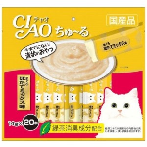 貓小食-日本CIAO肉泥餐包-金槍魚及扇貝肉醬-14g-20本袋裝-黃-SC-129-CIAO-INABA-寵物用品速遞